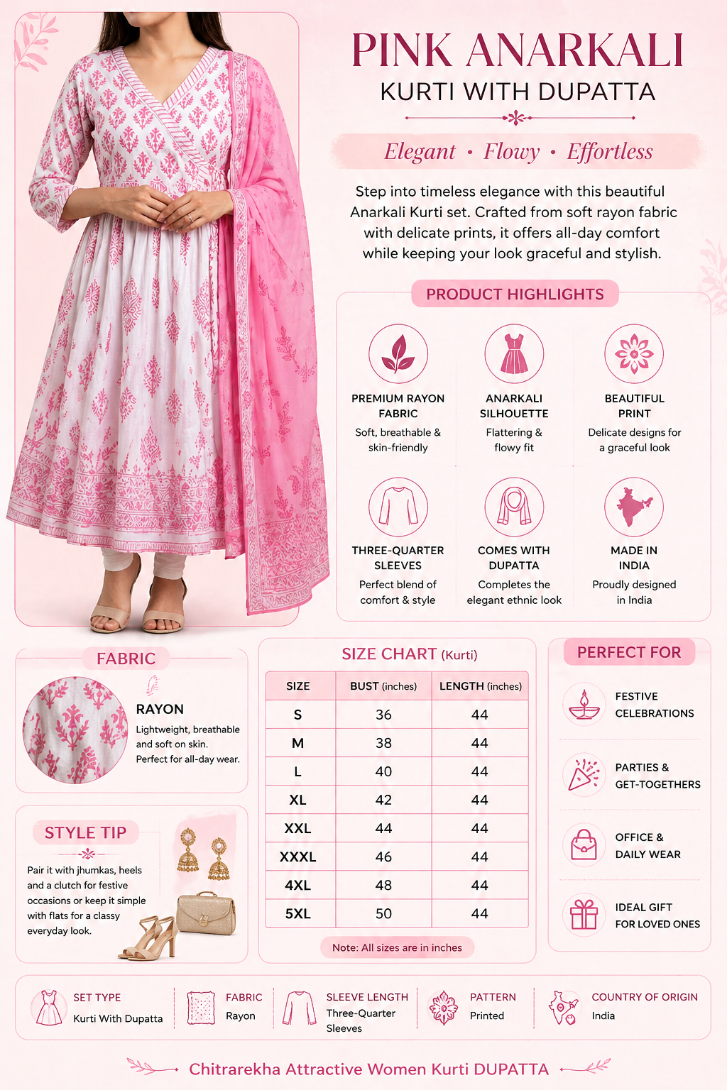 Elegant Pink Anarkali Kurti with Matching Dupatta
